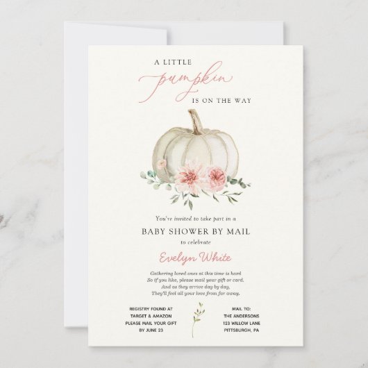 Invitation Baby shower rose petit Citrouille par courrier (Devant)