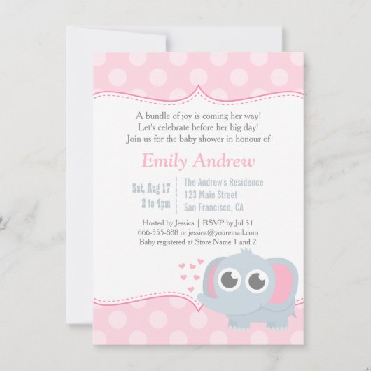 Invitation Baby shower rose Pois Eléphant bébé (Devant)
