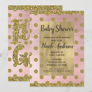 Invitation Baby Shower Rose Poudré & Paillettes Dorées à Poin