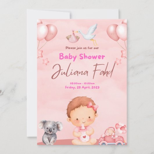 Invitation Baby shower rose pour les filles - mign (Devant)