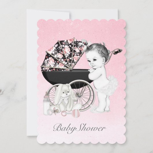 Invitation Baby shower rose Pram (Devant)