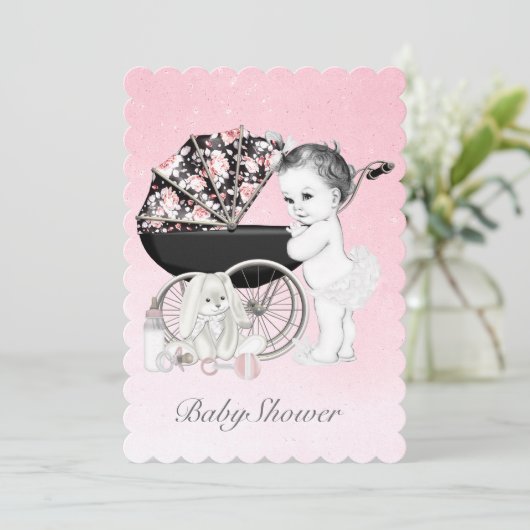 Invitation Baby shower rose Pram (Debout devant)