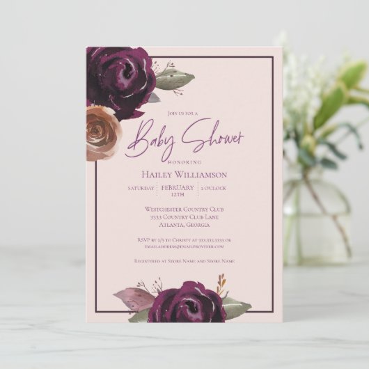 Invitation Baby shower rose, prune, violet et or (Debout devant)