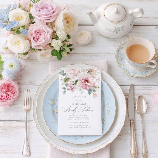 Invitation Baby shower rose romantique à fleurs