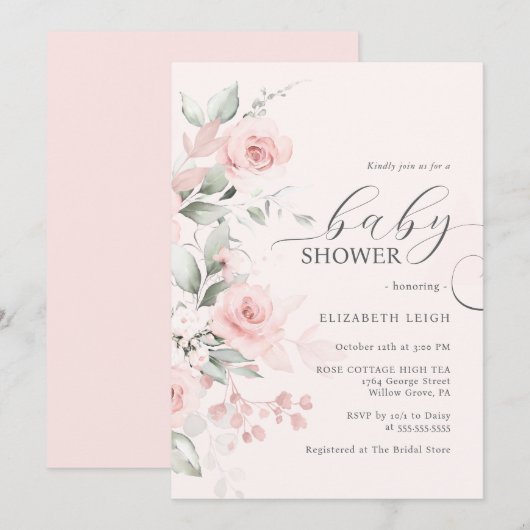 Invitation Baby shower rose rose (Devant / Derrière)
