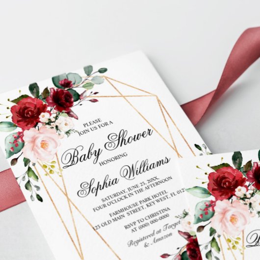 Invitation Baby shower Rose rose et bordeaux