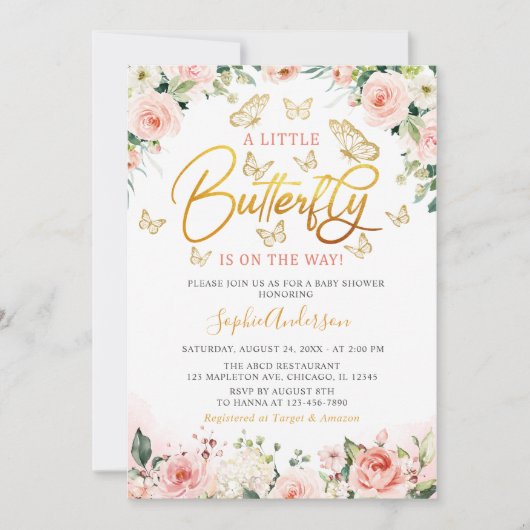 Invitation Baby shower rose Rose or Floral Papillon rose (Devant)