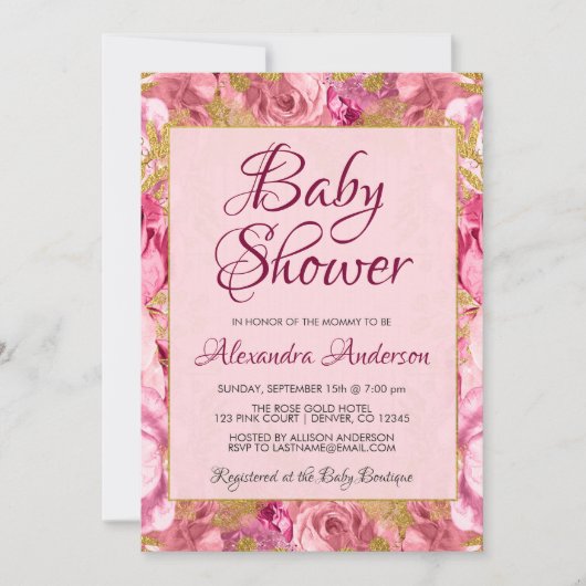 Invitation Baby shower Rose rose pâle Monogramme  (Devant)