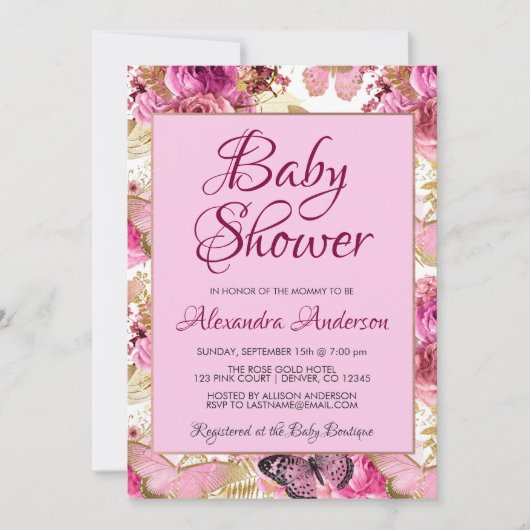 Invitation Baby shower Rose rose pâle Monogramme (Devant)