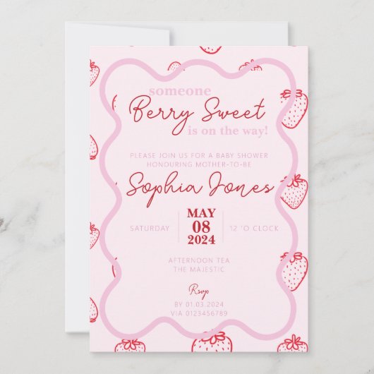 Invitation Baby shower rose rouge ondulé doux baie fille (Devant)