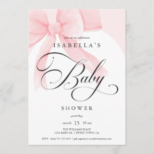 Invitation Baby Shower Rose Ruban Écriture Élégante