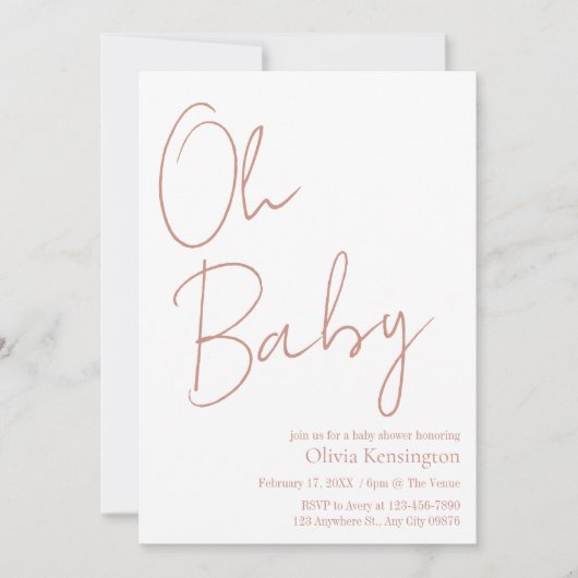 Invitation Baby shower Rose simple et moderne Oh Baby Blush (Devant)