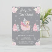 Invitation Baby shower rose Sleigh mignonne Teddy Bear gris (Debout devant)