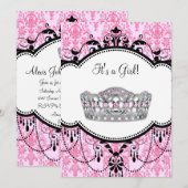 Invitation Baby shower rose Tiara rose noir Damas (Devant / Derrière)