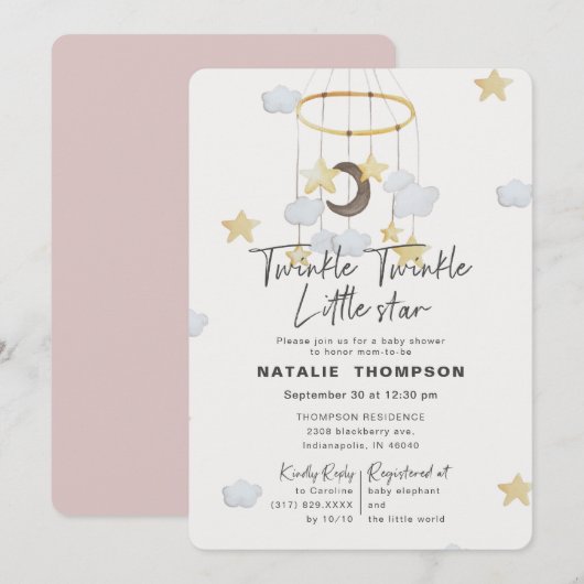 Invitation Baby shower rose Twinkle Little Star (Devant / Derrière)