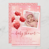 Invitation Baby shower rose Valentine Coeurs Ballons Photo (Devant / Derrière)