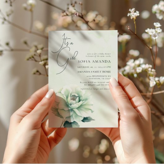 Invitation Baby shower Rose vert aquarelle