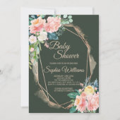 Invitation Baby shower rose, vert foncé et or (Devant)
