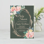 Invitation Baby shower rose, vert foncé et or (Debout devant)