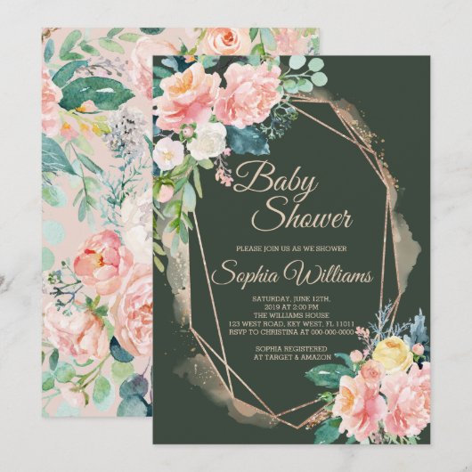 Invitation Baby shower rose, vert foncé et or (Devant / Derrière)