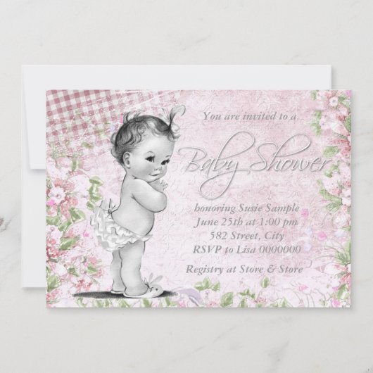 Invitation Baby shower rose Vintage adorable (Devant)