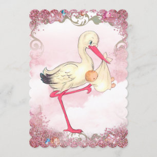 Invitation Baby Shower Rose Vintage de la cigogne