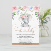 Invitation Baby shower rose violet bleu Floral Elephant (Debout devant)