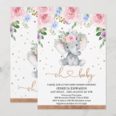 Invitation Baby shower rose violet bleu Floral Elephant (Devant / Derrière)