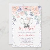 Invitation Baby shower rose violet floral éléphant fille (Devant)