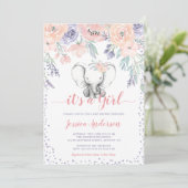 Invitation Baby shower rose violet floral éléphant fille (Debout devant)