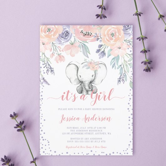Invitation Baby shower rose violet floral éléphant fille