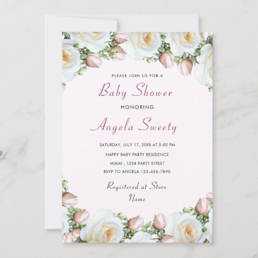 Invitation Baby shower Roses Blanches (Devant)