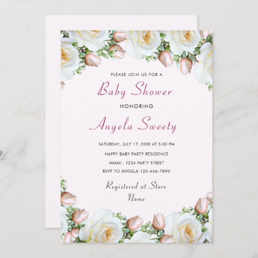 Invitation Baby shower Roses Blanches (Devant / Derrière)