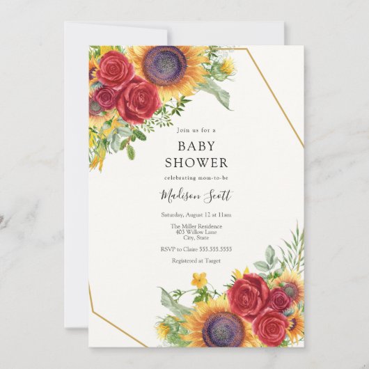 Invitation Baby shower Roses rouges et tournesols (Devant)