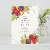 Invitation Baby shower Roses rouges et tournesols (Debout devant)