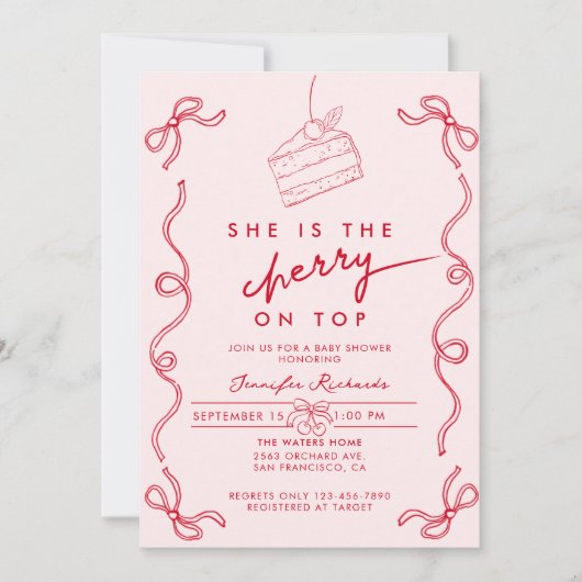 Invitation Baby shower rouge cerise gâteau rose fille (Devant)