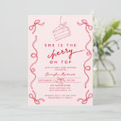 Invitation Baby shower rouge cerise gâteau rose fille (Debout devant)