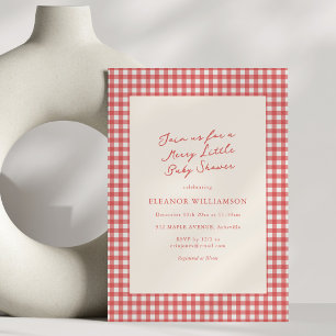 Invitation Baby Shower Rouge Gingham Noël Mignon