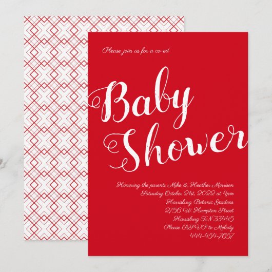 Invitation Baby shower rouge moderne Co-Ed Genre Neutre (Devant / Derrière)