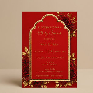 Invitation Baby-Shower Rouge & Or Floral
