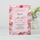 Invitation Baby shower rousse rose fleurs fille (Debout devant)