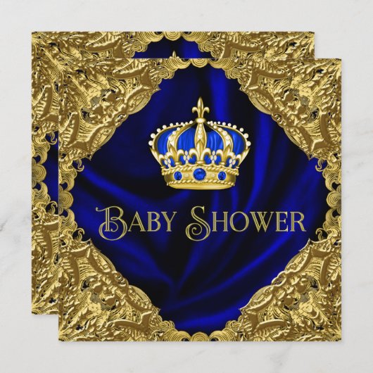 Invitation Baby shower Royal Blue and Gold Crown (Devant / Derrière)