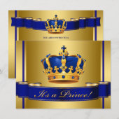 Invitation Baby shower Royal Blue and Gold Crown Prince (Devant / Derrière)