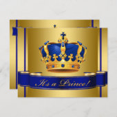 Invitation Baby shower Royal Blue and Gold Crown Prince (Devant / Derrière)