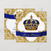 Invitation Baby shower Royal Blue and Gold Crown Prince (Devant / Derrière)