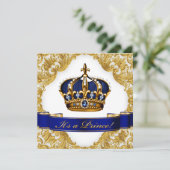 Invitation Baby shower Royal Blue and Gold Crown Prince (Debout devant)