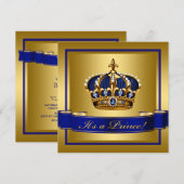 Invitation Baby shower Royal Blue and Gold Crown Prince (Devant / Derrière)