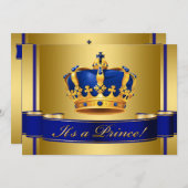 Invitation Baby shower Royal Blue and Gold Crown Prince (Devant / Derrière)