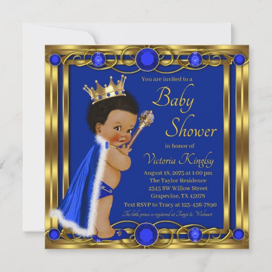 Invitation Baby shower Royal Blue Gold Afro Prince (Devant)