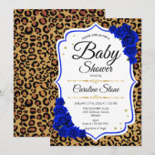 Invitation Baby shower - Royal Blue Gold Empreinte de léopard (Devant / Derrière)
